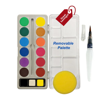 edu3 Watercolour Paint  14 Colours + Water Brush Pen + Round Sponge