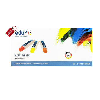 edu3 Acrylic Colours 14 Colours + 1 Gloss Varnish Tube (12 mls)