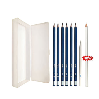 edu3 Pencil Case + 6 x Drawing Pencils (Any grades) + 1 FREE Paper Stump + Eraser Blender